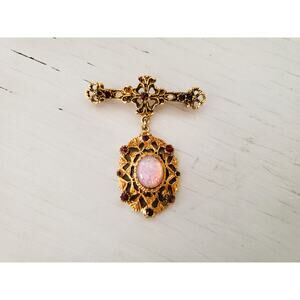 Vintage Faux Opal and Gold Tone Dangle Brooch